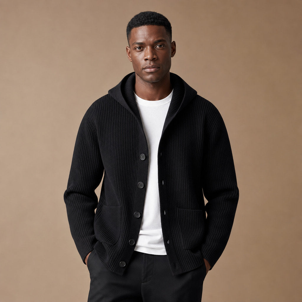 Cardigan Wool Blend Hooded Button-Up in Black – Tomosino Premium Menswear