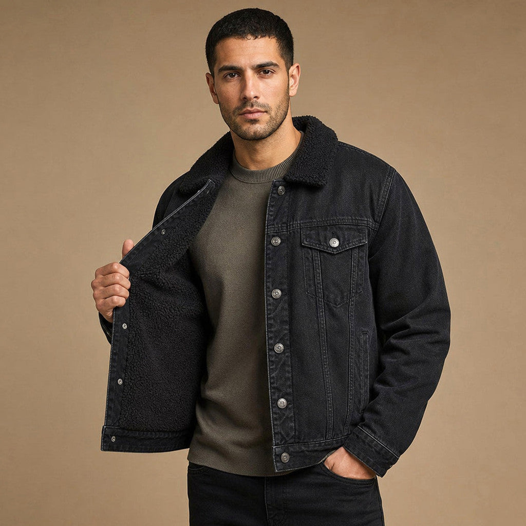 Bradford | Denim Jacket Sherpa Collar Fleece Lined in Black – Premium Editorial