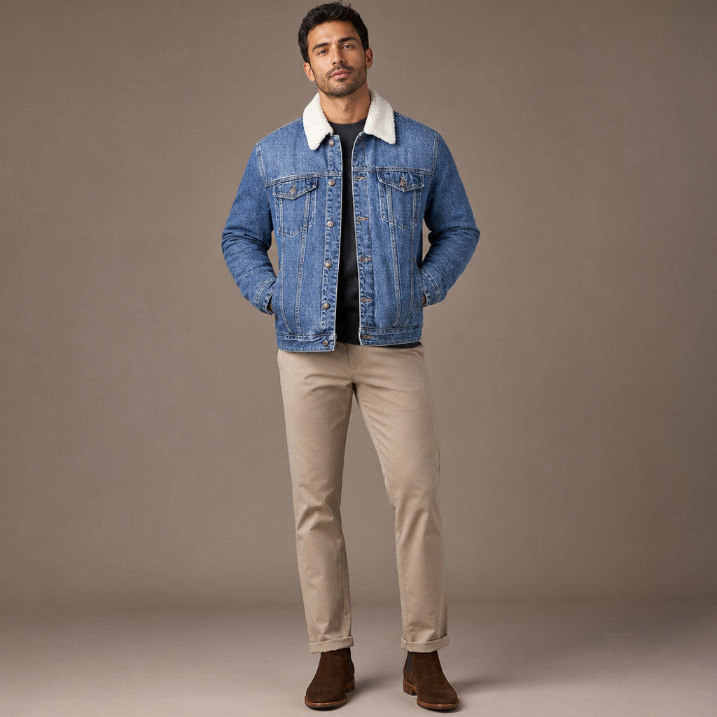 Bradford | Denim Jacket Sherpa Collar Fleece Lined Blue – Full Look