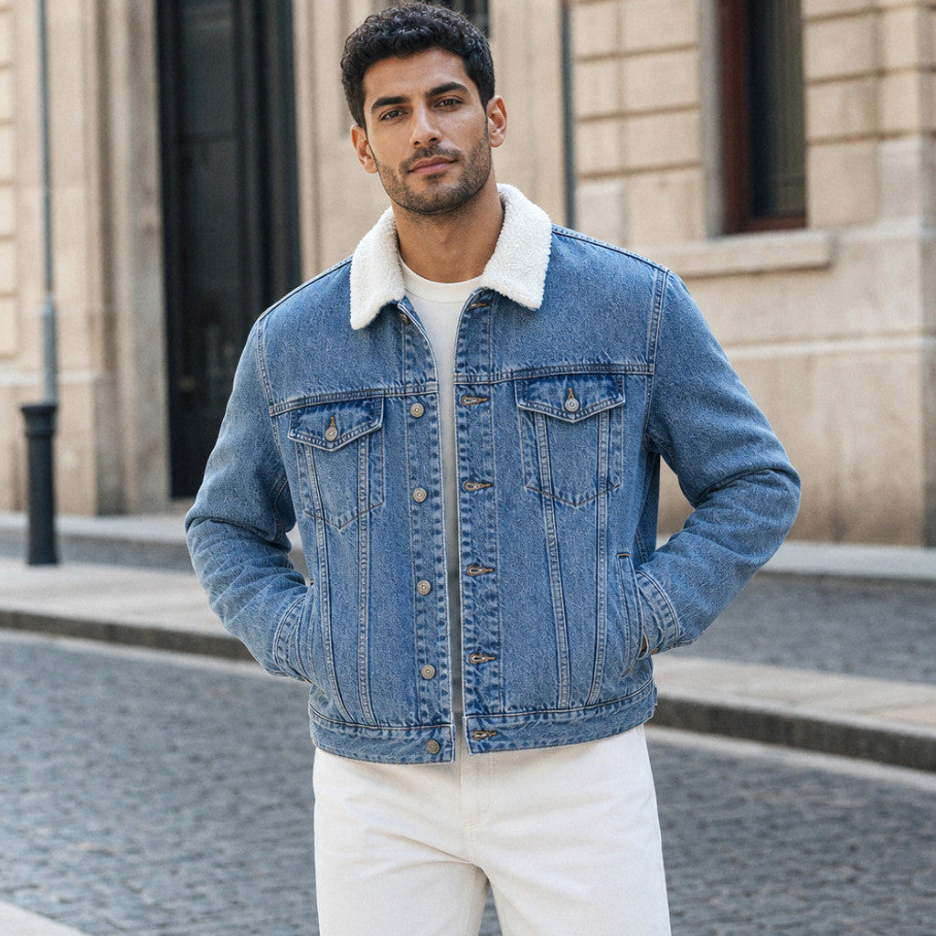 Bradford | Denim Jacket Sherpa Collar Fleece Lined Blue – Styled Editorial Shot