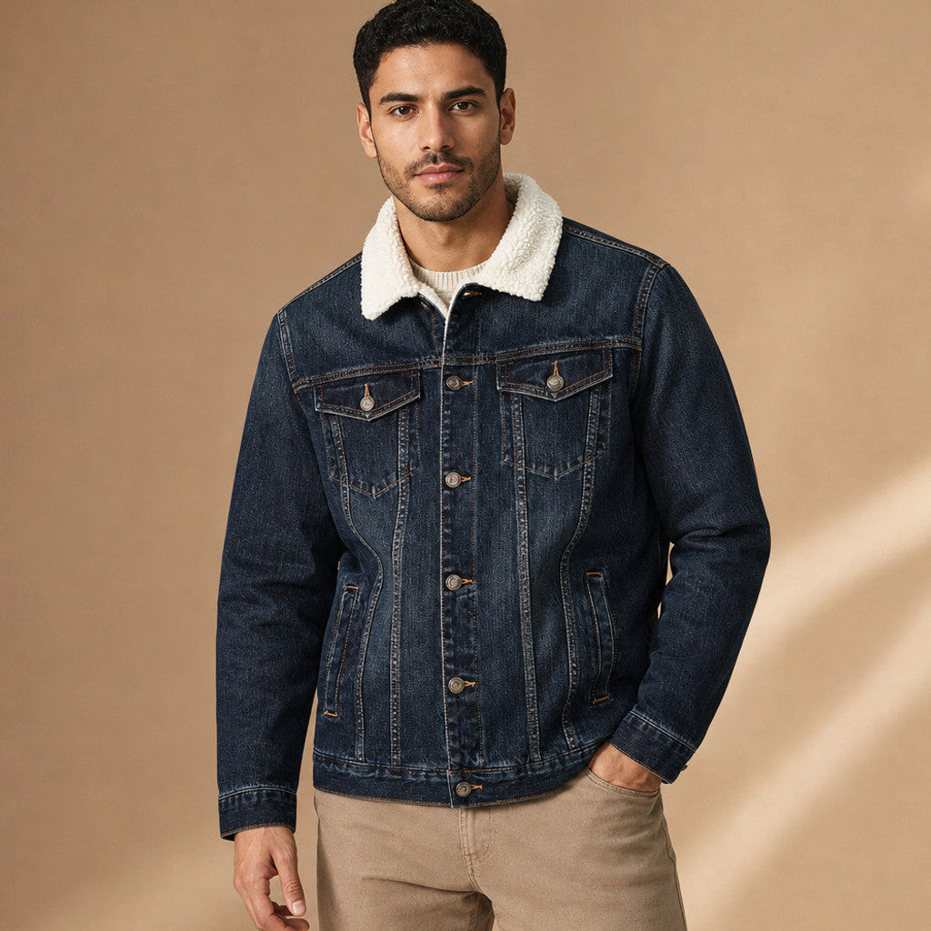 Bradford | Denim Jacket Sherpa Collar Fleece Lined Midnight Navy – Product Photo