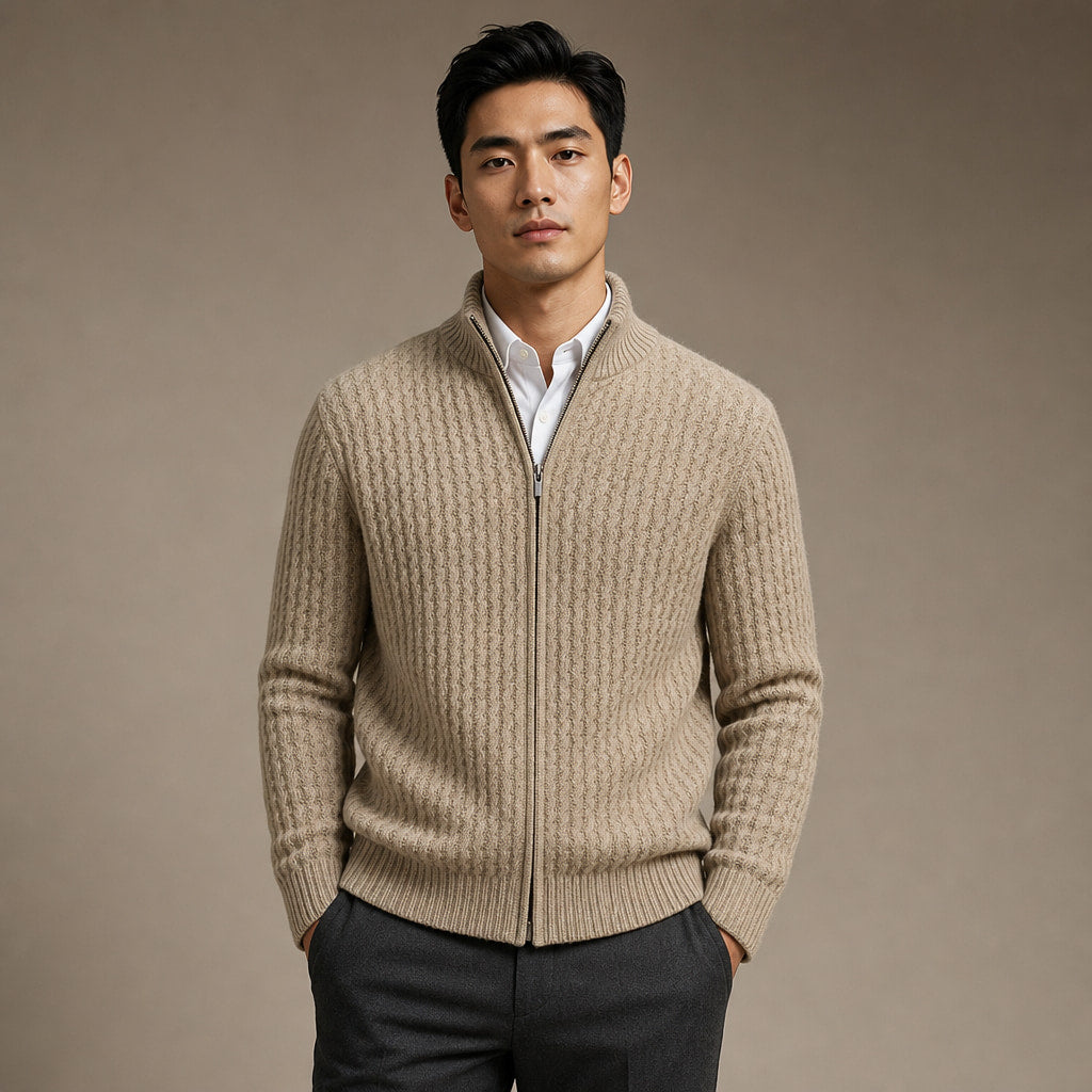 Cardigan Zip Neck Textured Knit in Beige – Tomosino Premium Menswear