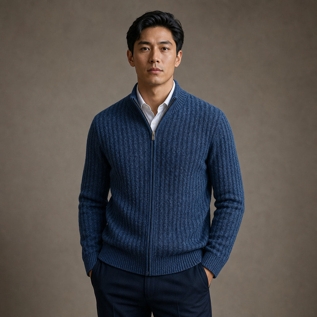 Cardigan Zip Neck Textured Knit in Blue – Tomosino Premium Menswear