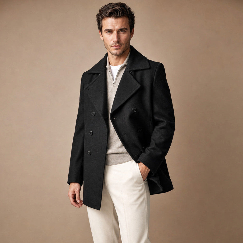 Bralen | Pea Coat Double Breasted Wool Black Black – Side Angle View
