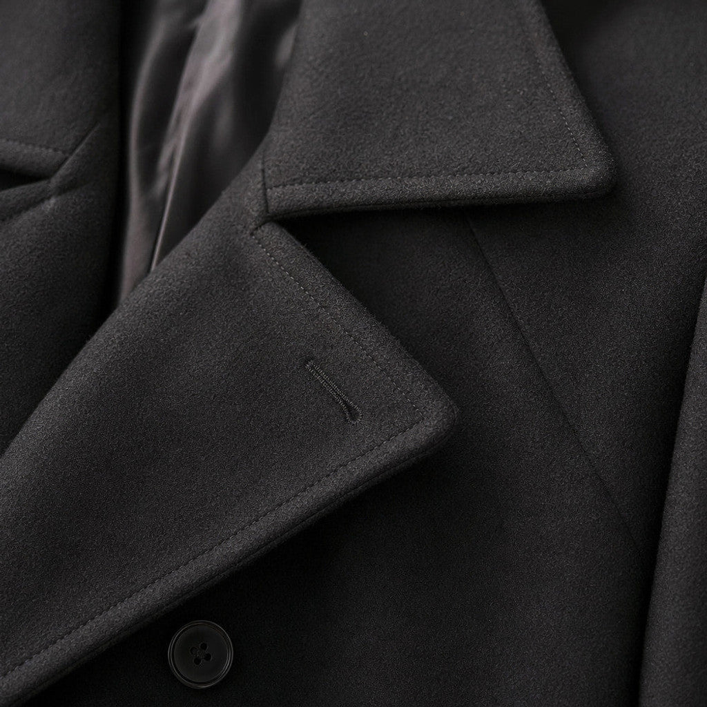 Bralen | Pea Coat Double Breasted Wool Black Black – Fabric and Detail Close-Up