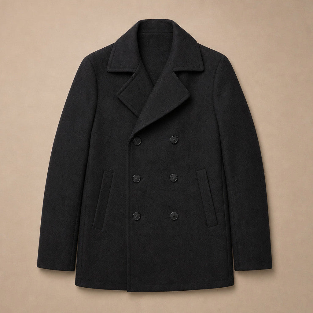 Bralen | Pea Coat Double Breasted Wool Black Black – Flat Lay Product Photo