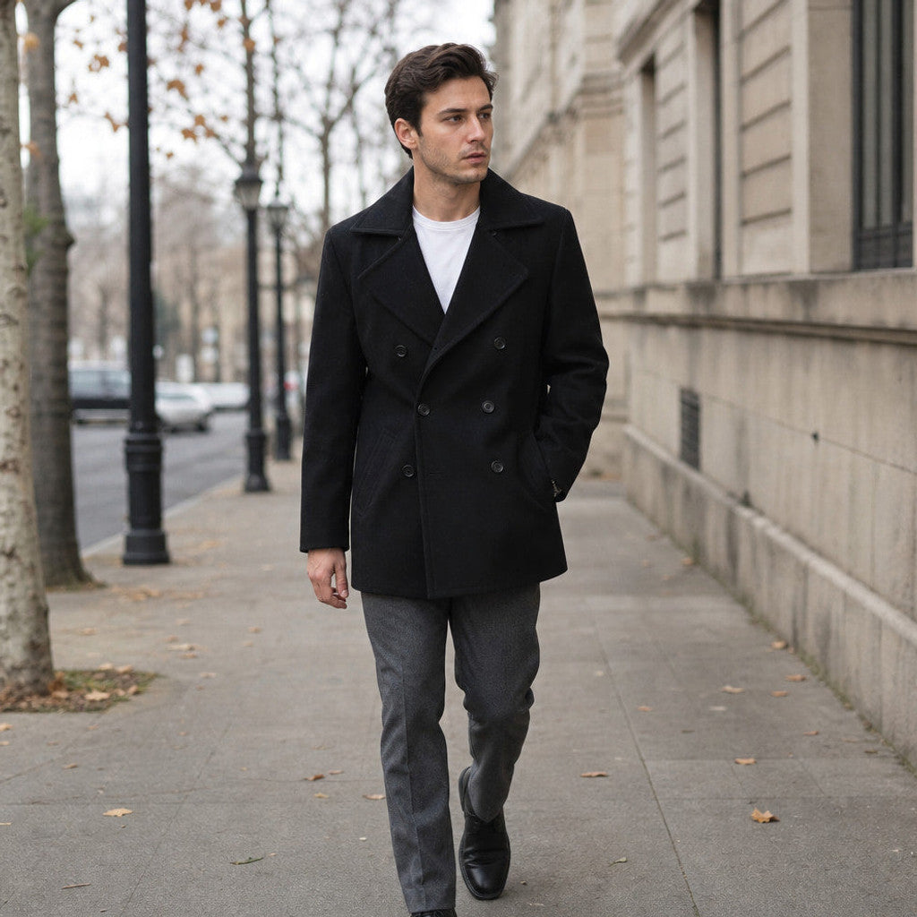Bralen | Pea Coat Double Breasted Wool Black Black – Styled Editorial Shot