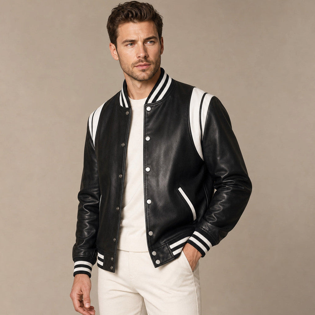 Brampton | Varsity Jacket Sheepskin Black Black – Side Angle View