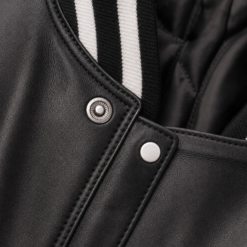 Brampton | Varsity Jacket Sheepskin Black Black – Fabric and Detail Close-Up