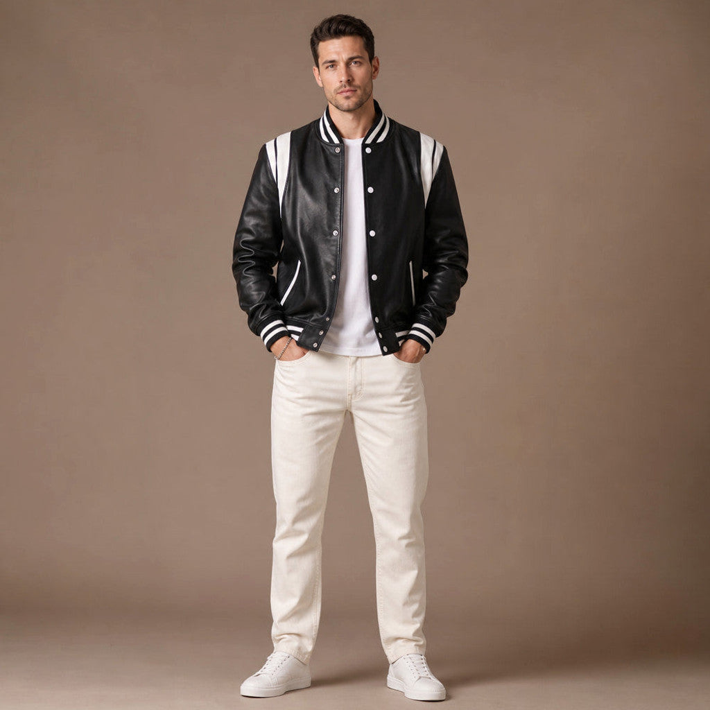 Brampton | Varsity Jacket Sheepskin Black Black – Full Look