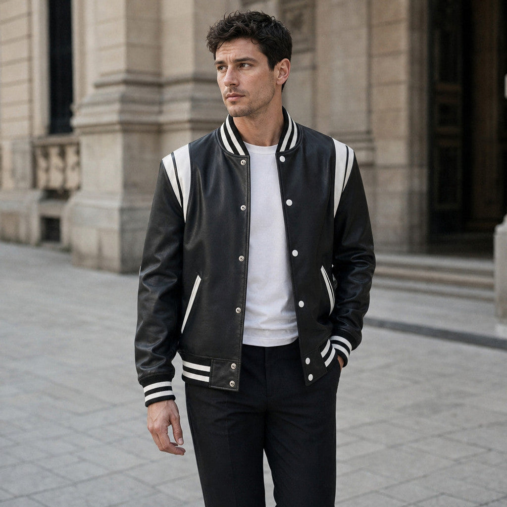Brampton | Varsity Jacket Sheepskin Black Black – Styled Editorial Shot