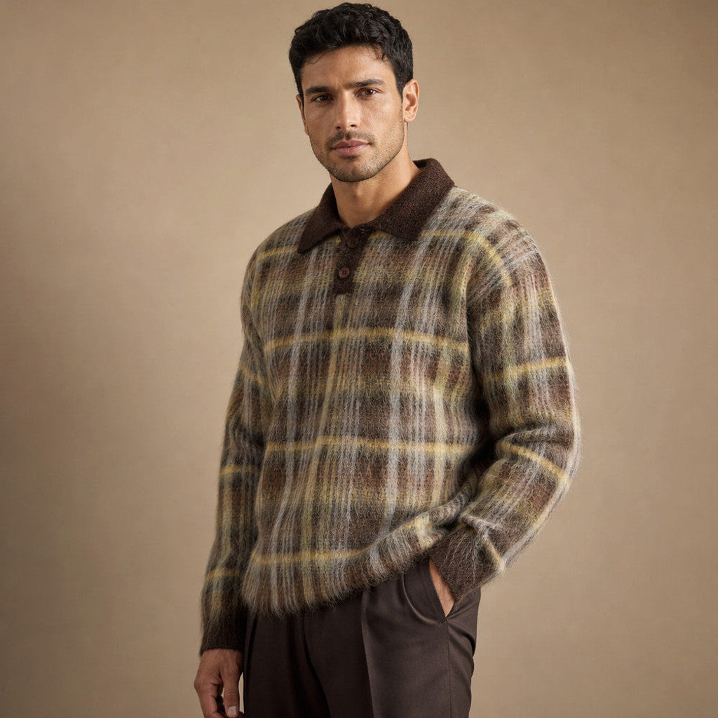 Branwell | Polo Shirt Brushed Knit Patterned Multicolor | Brown – Side Angle View