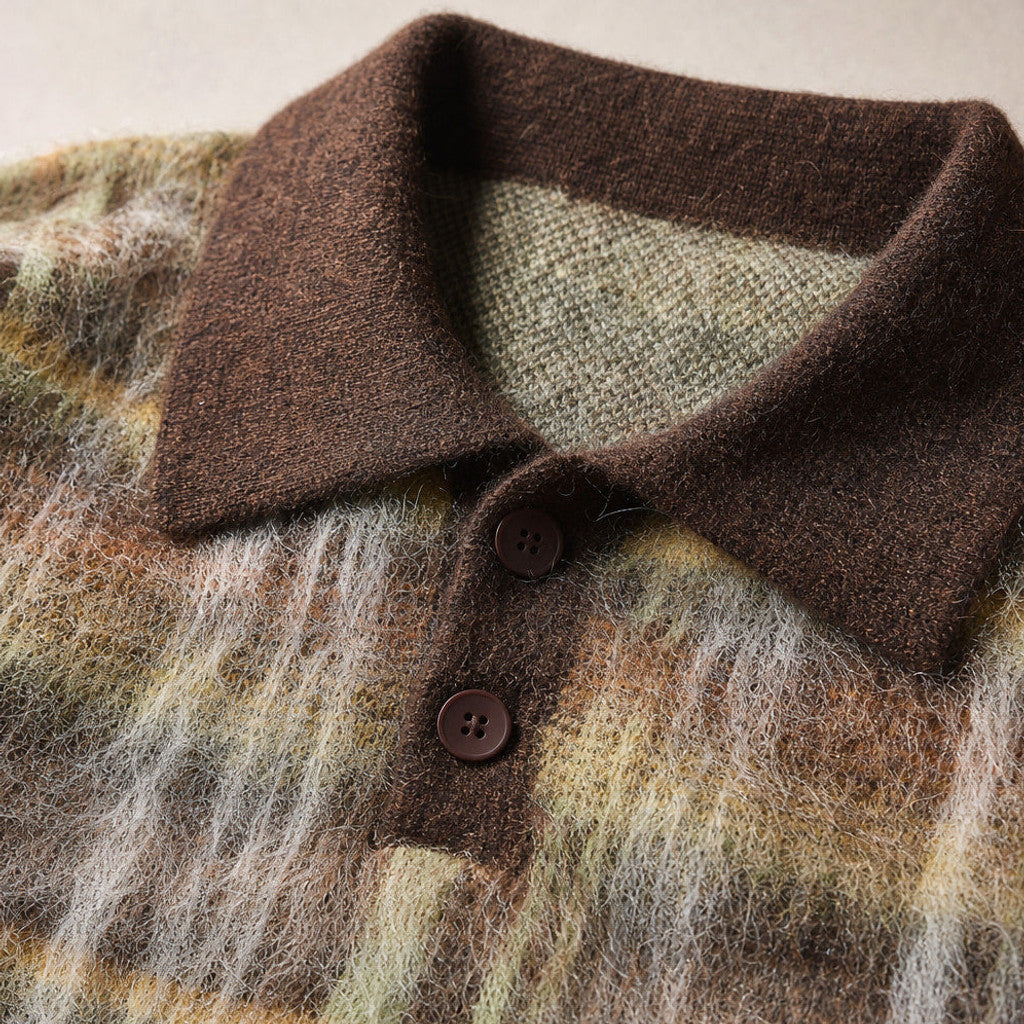 Branwell | Polo Shirt Brushed Knit Patterned Multicolor | Brown – Fabric and Detail Close-Up