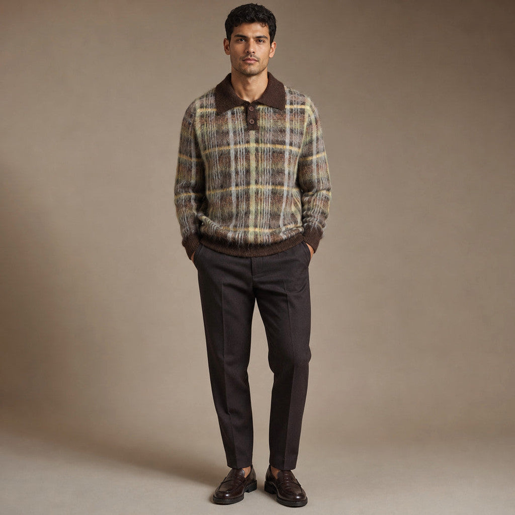 Branwell | Polo Shirt Brushed Knit Patterned Multicolor | Brown – Full Look