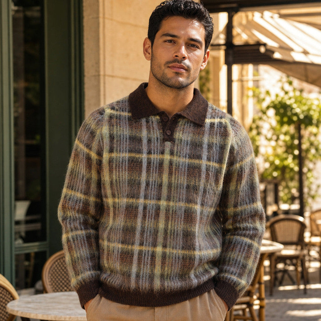 Branwell | Polo Shirt Brushed Knit Patterned Multicolor | Brown – Styled Editorial Shot