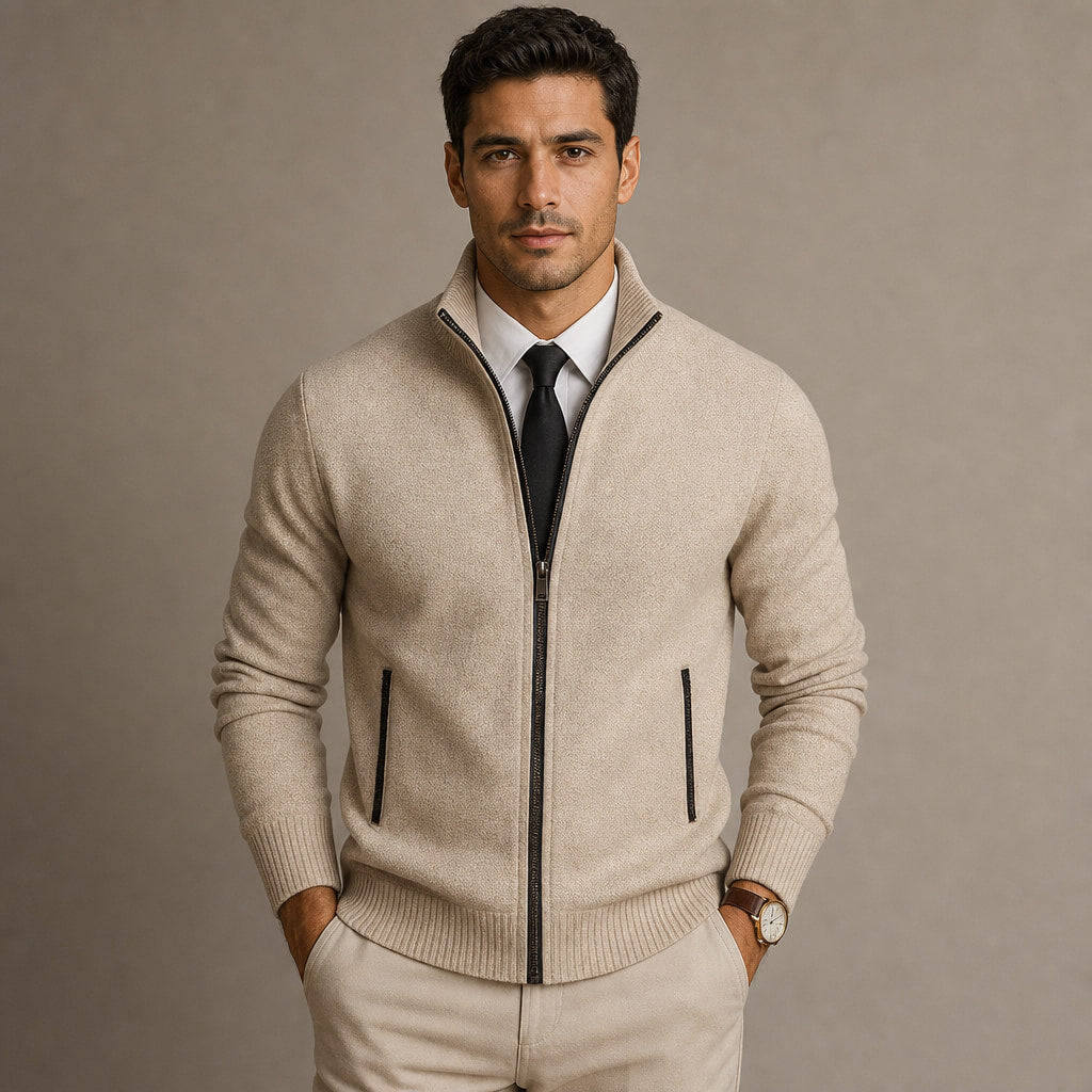Cardigan Zip Front Ribbed Cuffs Long Sleeve in Beige – Tomosino Premium Menswear