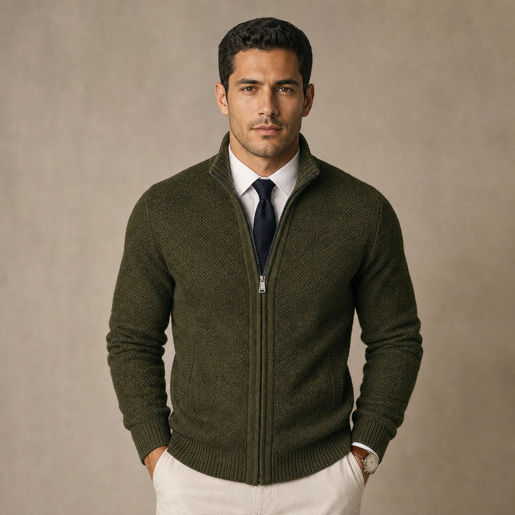 Cardigan Zip Front Ribbed Cuffs Long Sleeve in Green – Tomosino Premium Menswear