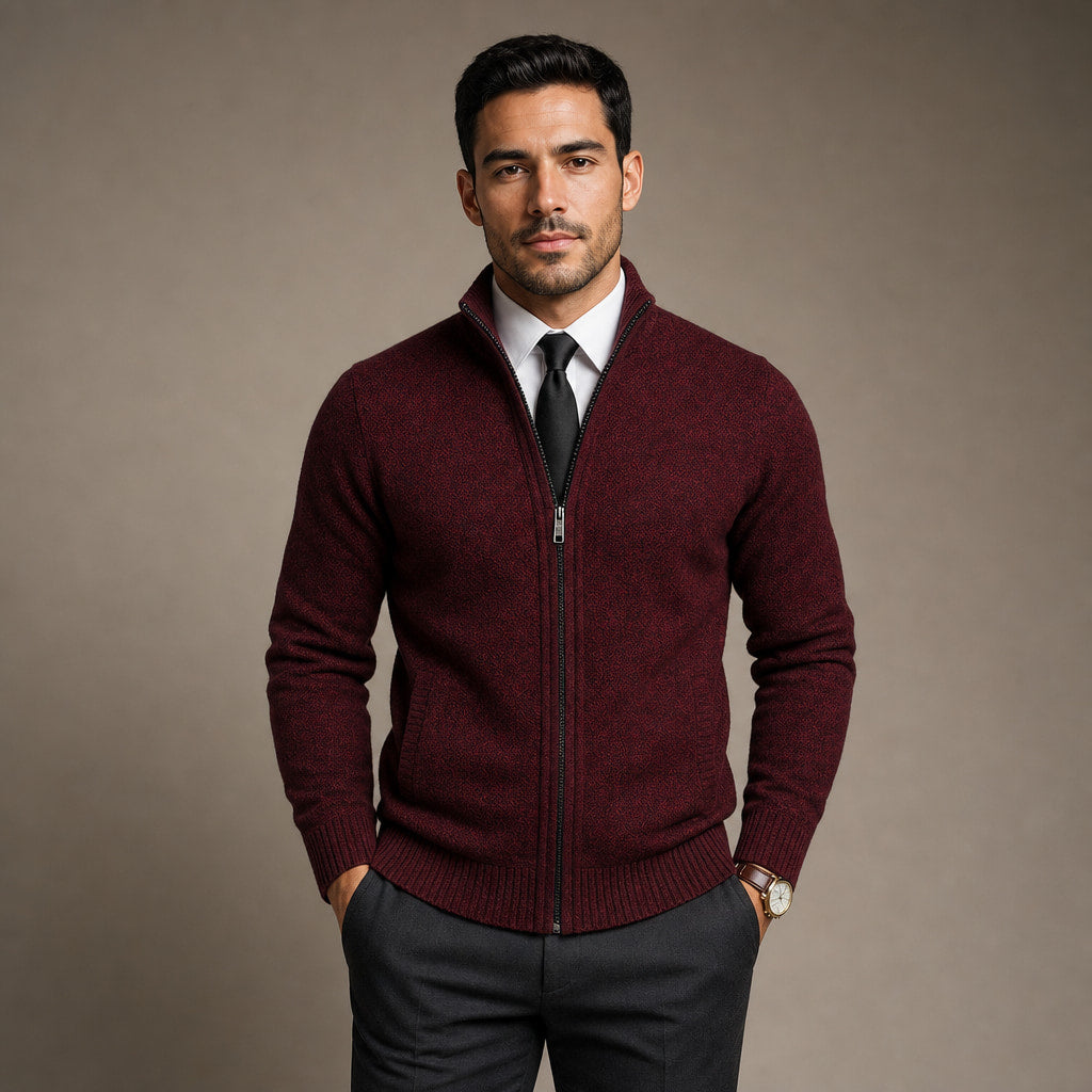 Cardigan Zip Front Ribbed Cuffs Long Sleeve in Red – Tomosino Premium Menswear