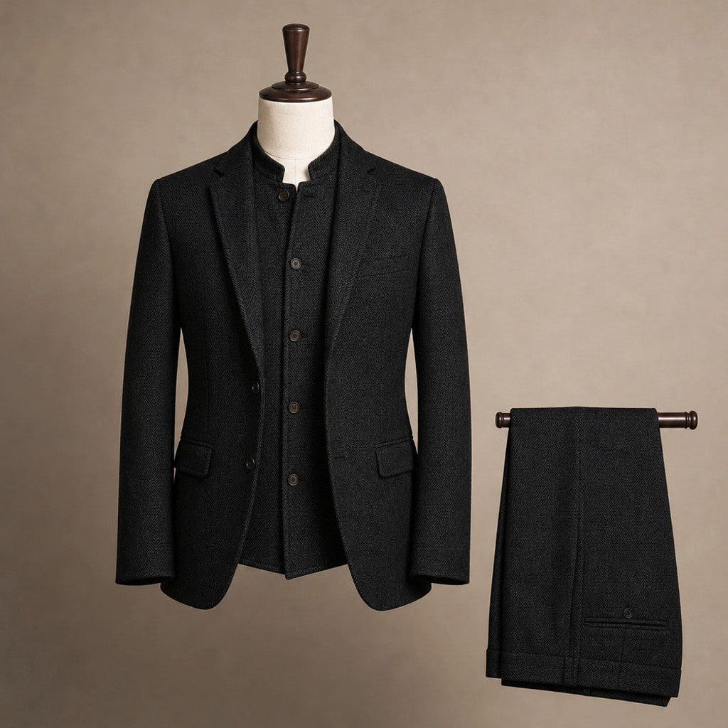 Braxton | Herringbone Waistcoat Stand Collar Black – Product Photo
