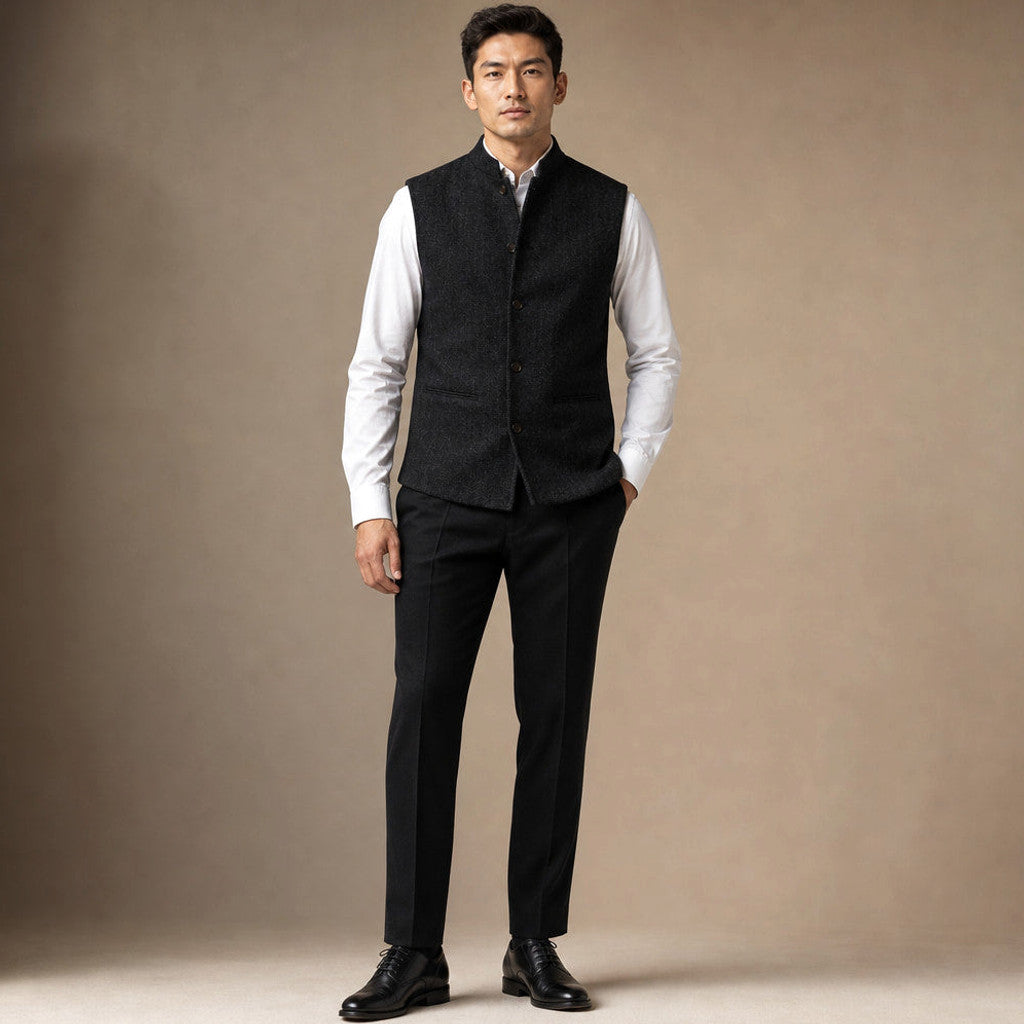 Braxton | Herringbone Waistcoat Stand Collar in Black – Premium Editorial