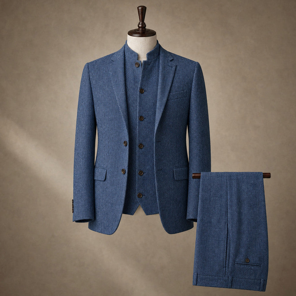 Braxton | Herringbone Waistcoat Stand Collar Blue – Product Photo