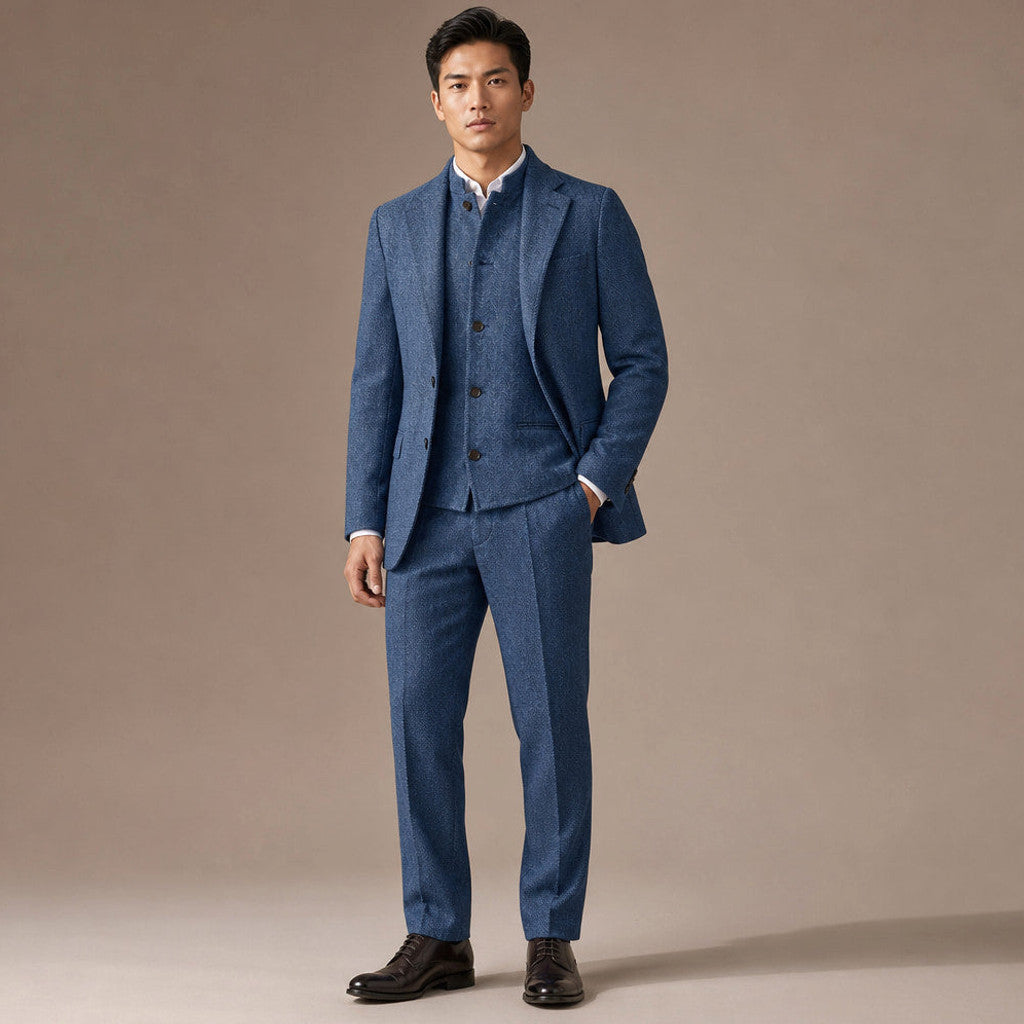 Braxton | Herringbone Waistcoat Stand Collar in Blue – Premium Editorial