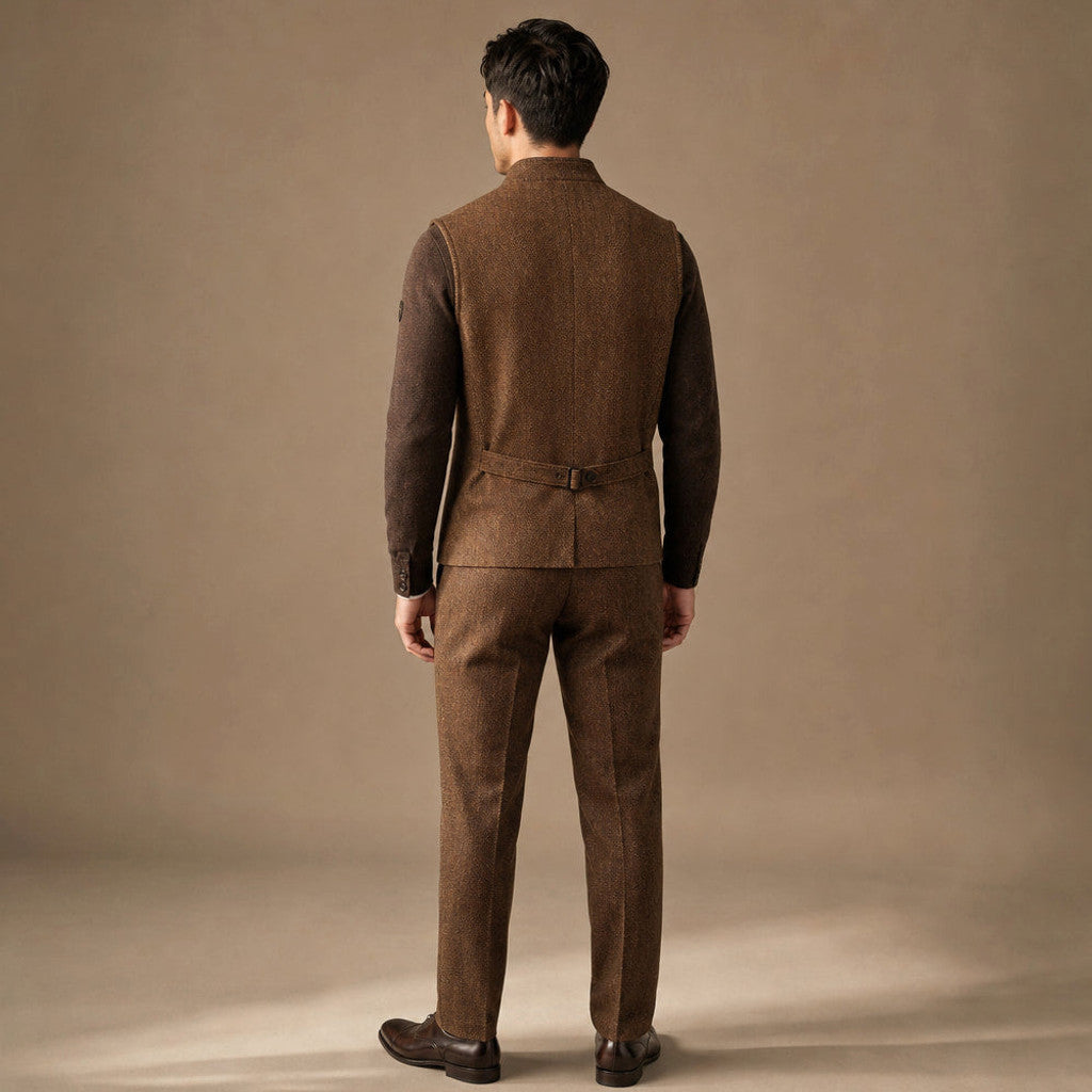 Braxton | Herringbone Waistcoat Stand Collar Brown – Side Angle View