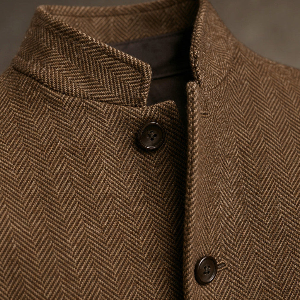 Braxton | Herringbone Waistcoat Stand Collar Brown – Fabric and Detail Close-Up