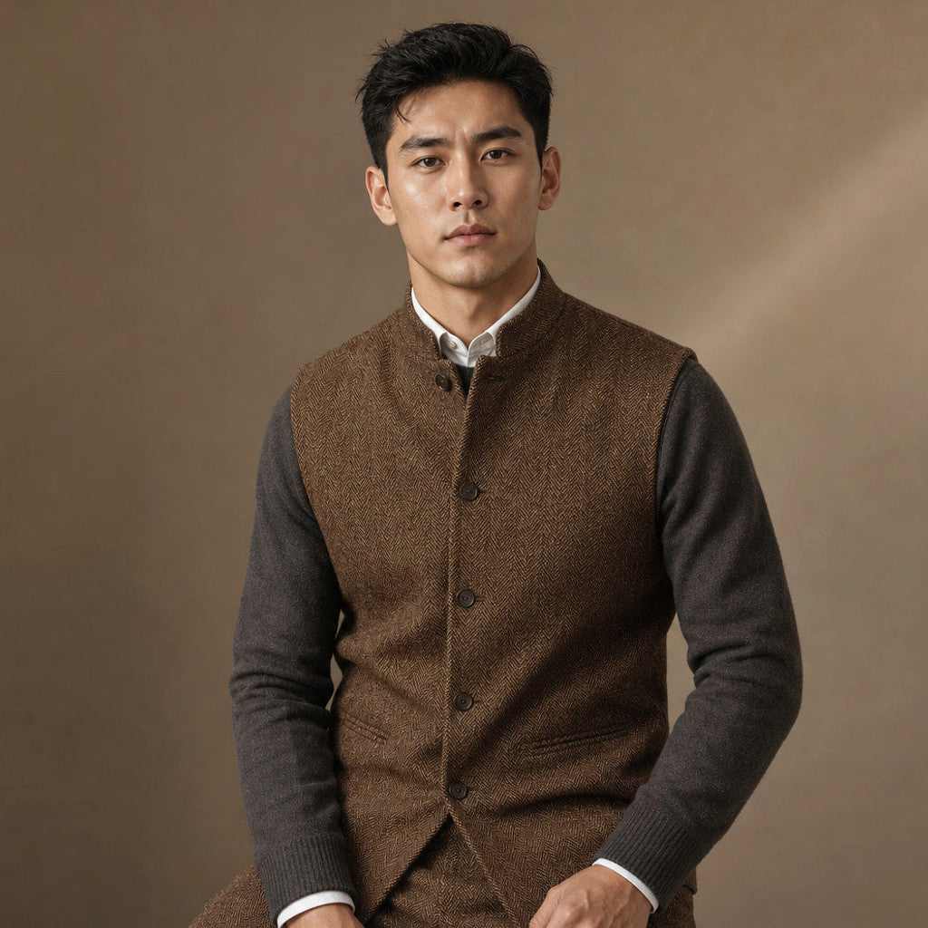 Braxton | Herringbone Waistcoat Stand Collar Brown – Full Look