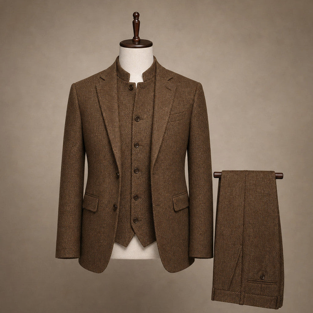 Braxton | Herringbone Waistcoat Stand Collar Brown – Product Photo