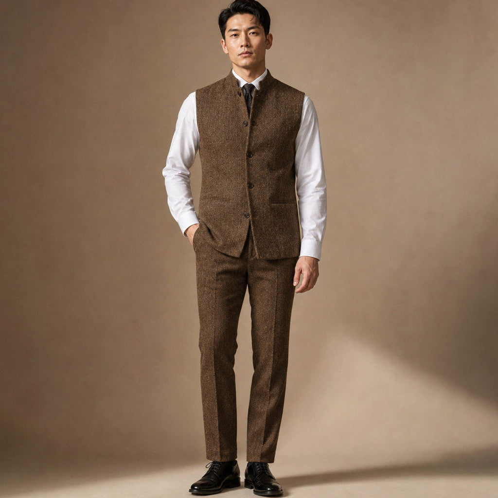 Braxton | Herringbone Waistcoat Stand Collar in Brown – Premium Editorial