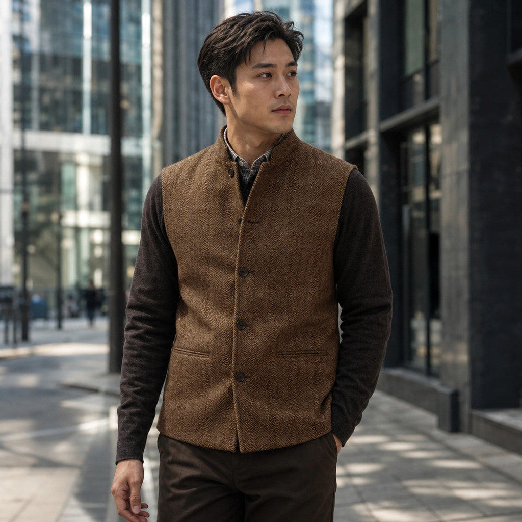 Braxton | Herringbone Waistcoat Stand Collar Brown – Styled Editorial Shot