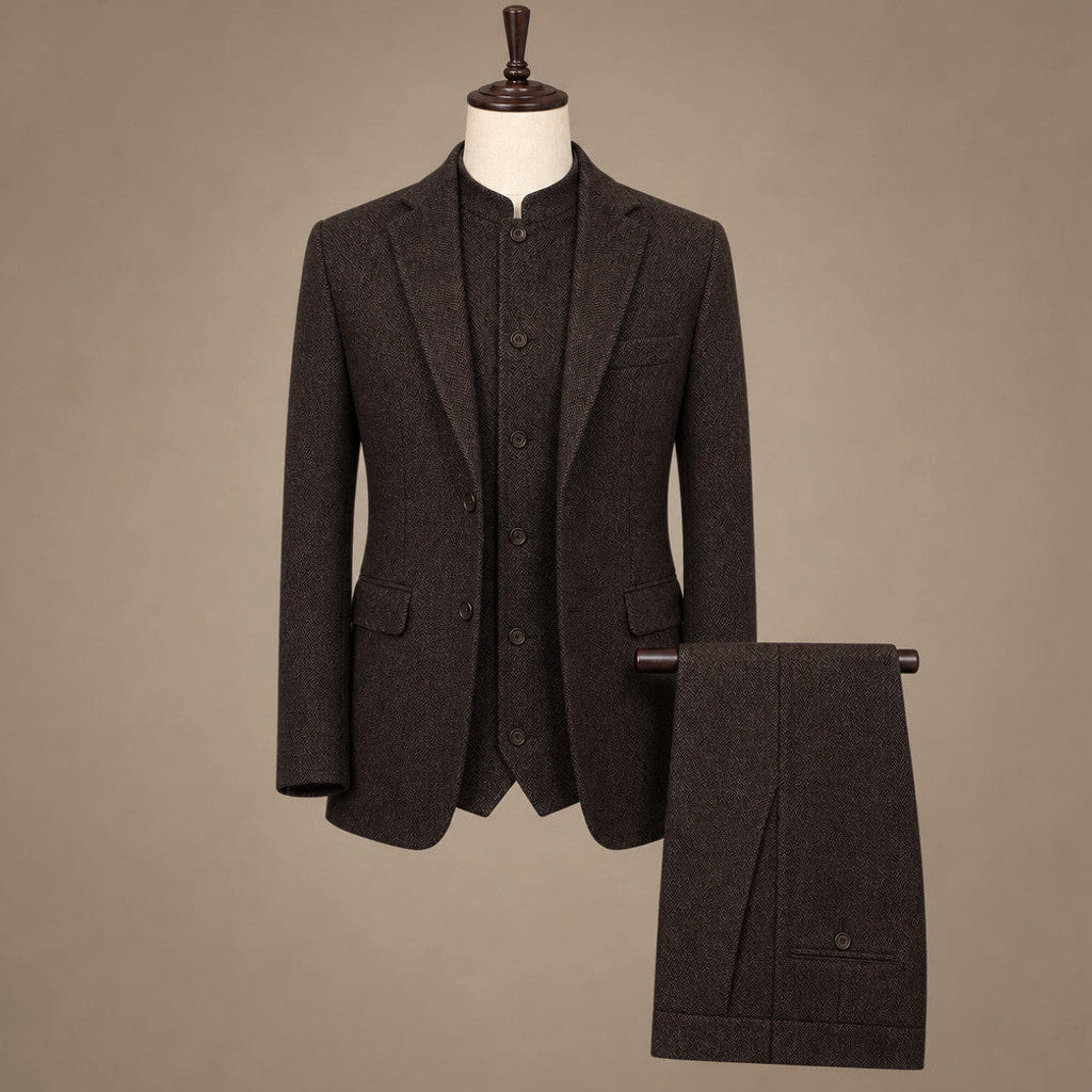 Braxton | Herringbone Waistcoat Stand Collar Coffee – Product Photo