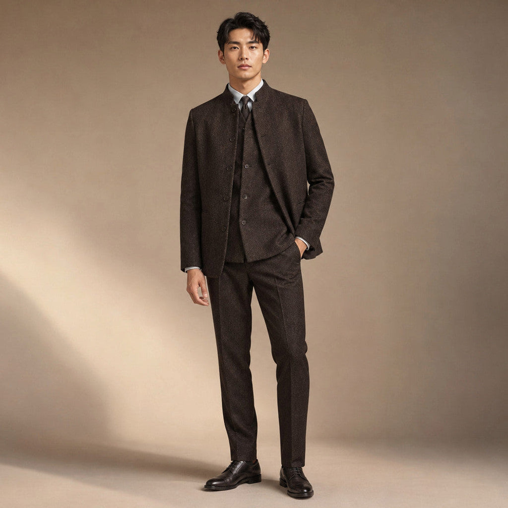 Braxton | Herringbone Waistcoat Stand Collar in Coffee – Premium Editorial