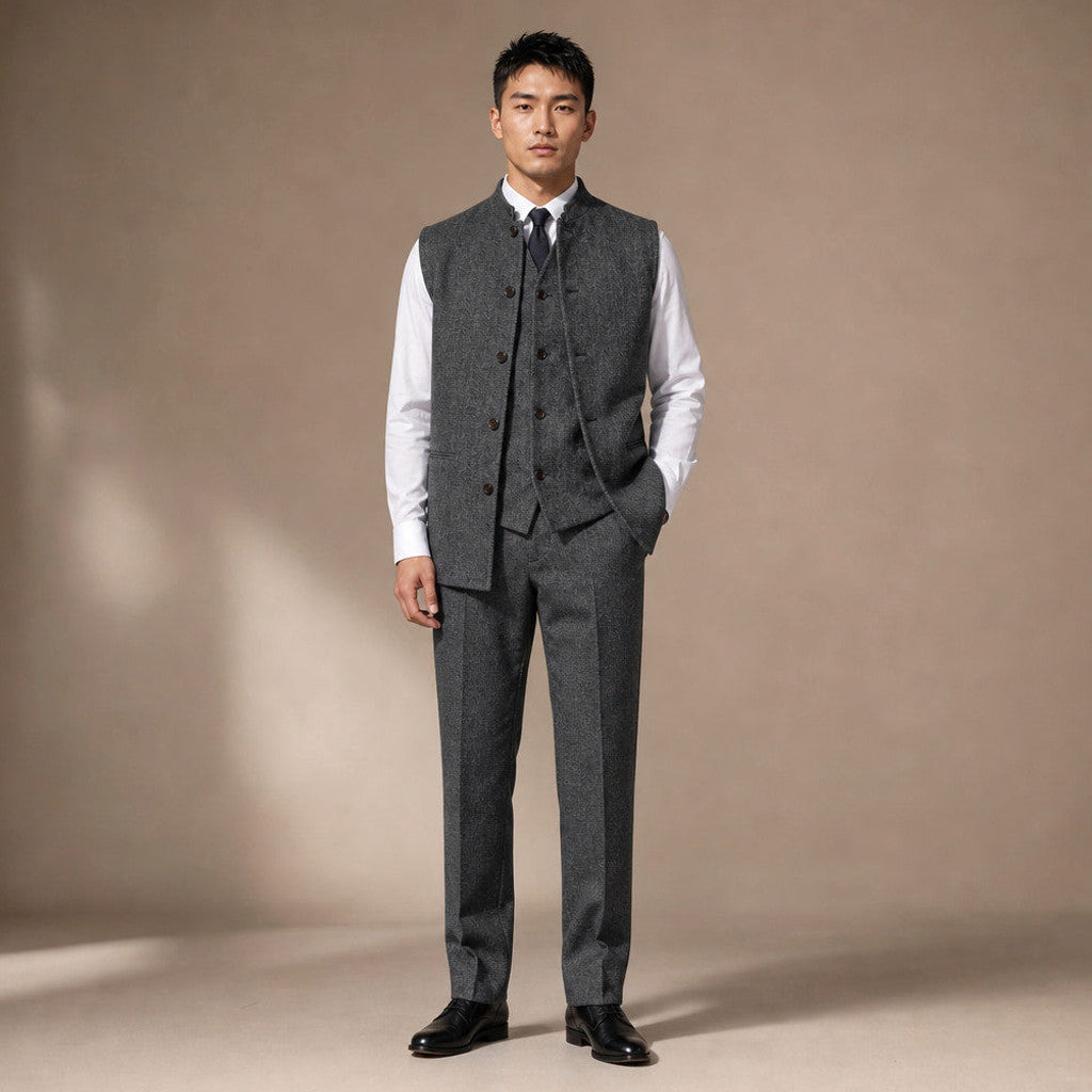 Braxton | Herringbone Waistcoat Stand Collar in Dark Gray – Premium Editorial