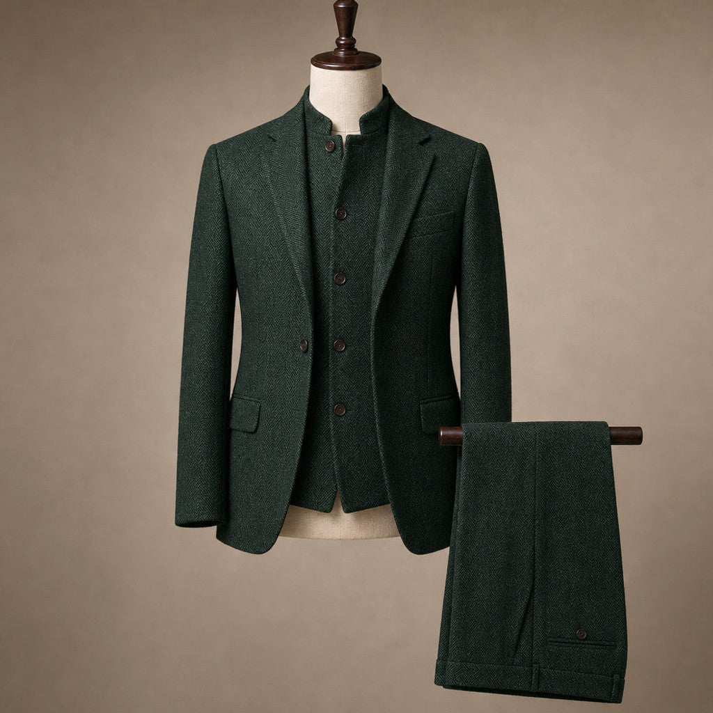 Braxton | Herringbone Waistcoat Stand Collar Green – Product Photo