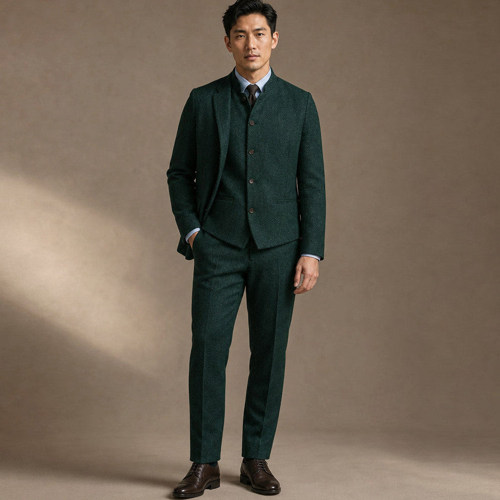 Braxton | Herringbone Waistcoat Stand Collar in Green – Premium Editorial