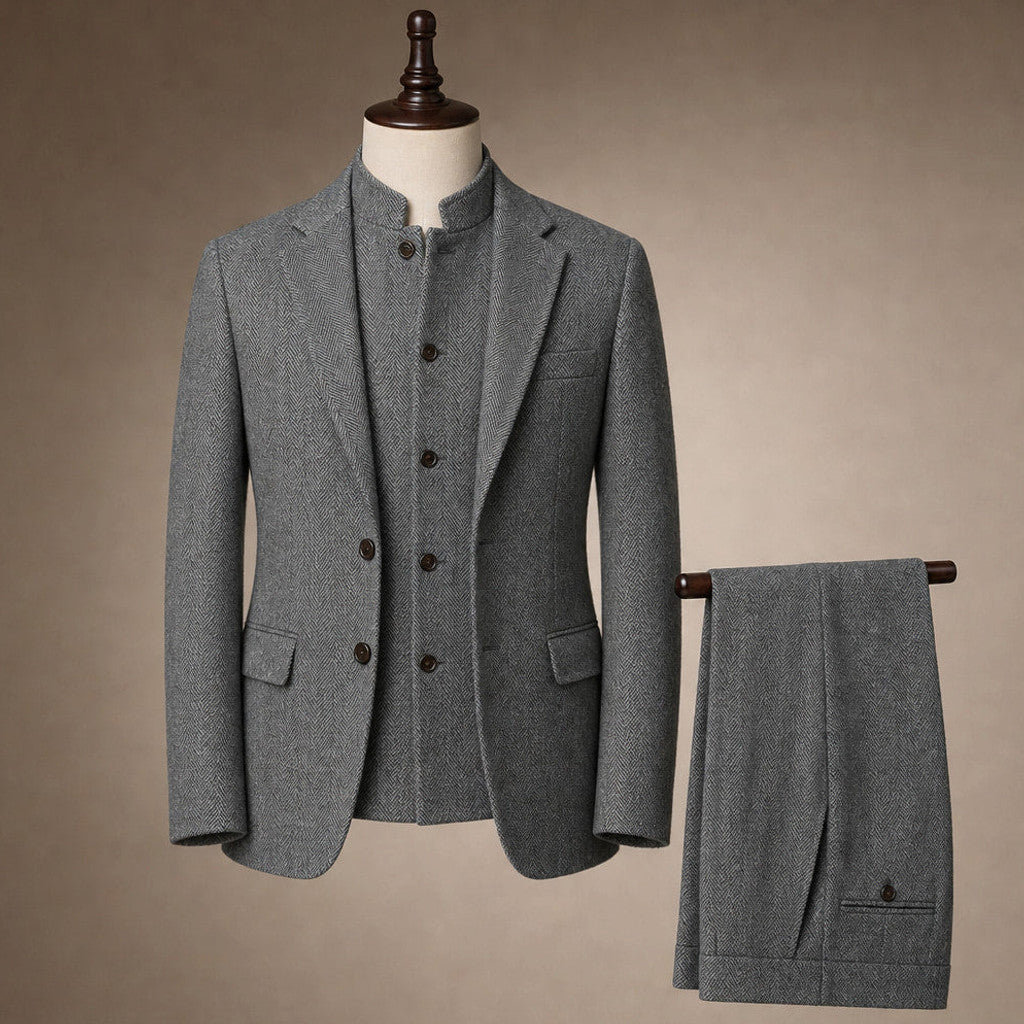 Braxton | Herringbone Waistcoat Stand Collar Grey – Product Photo