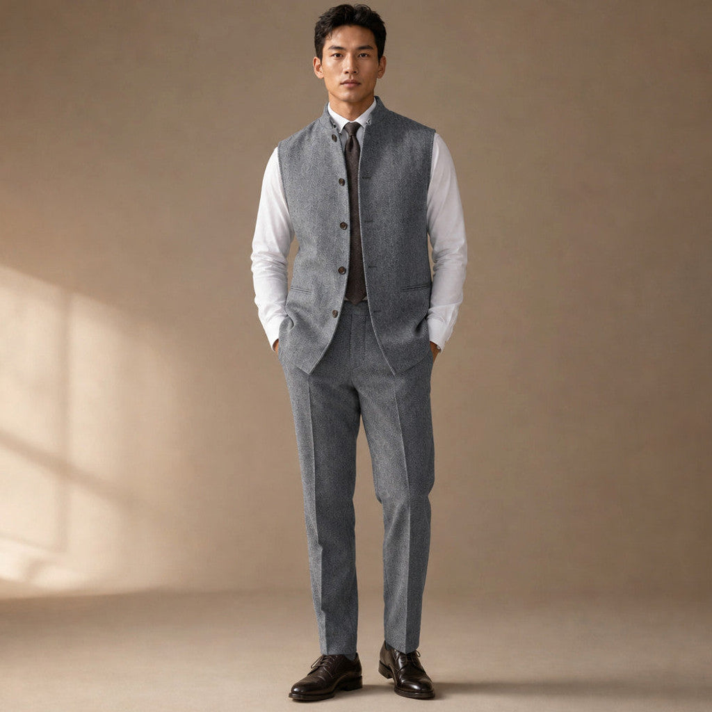 Braxton | Herringbone Waistcoat Stand Collar in Grey – Premium Editorial