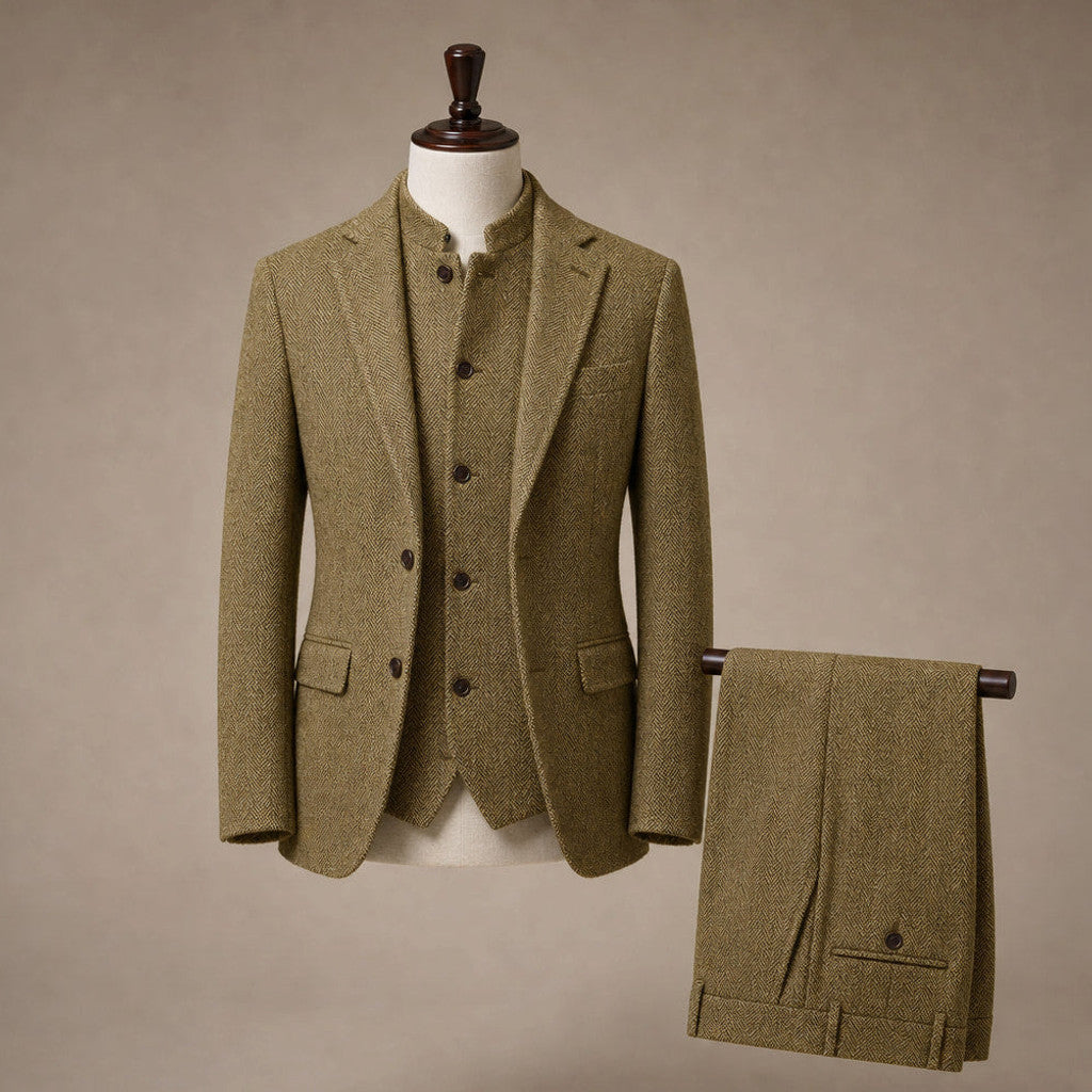 Braxton | Herringbone Waistcoat Stand Collar Khaki – Product Photo