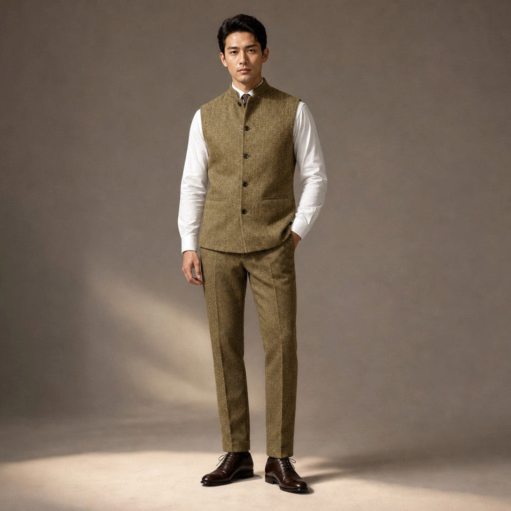 Braxton | Herringbone Waistcoat Stand Collar in Khaki – Premium Editorial