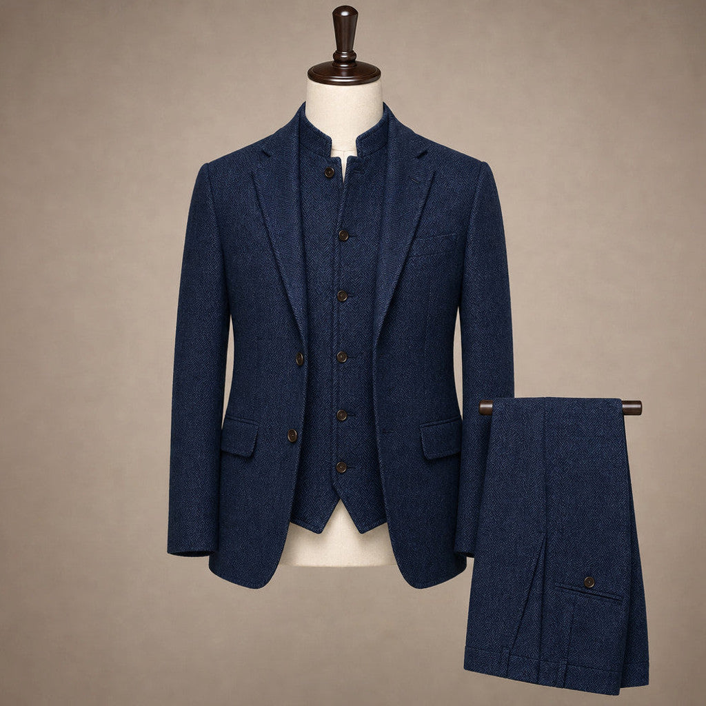 Braxton | Herringbone Waistcoat Stand Collar Navy – Product Photo