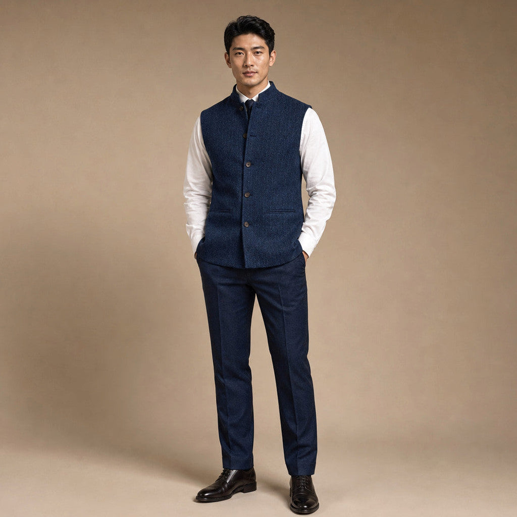 Braxton | Herringbone Waistcoat Stand Collar in Navy – Premium Editorial