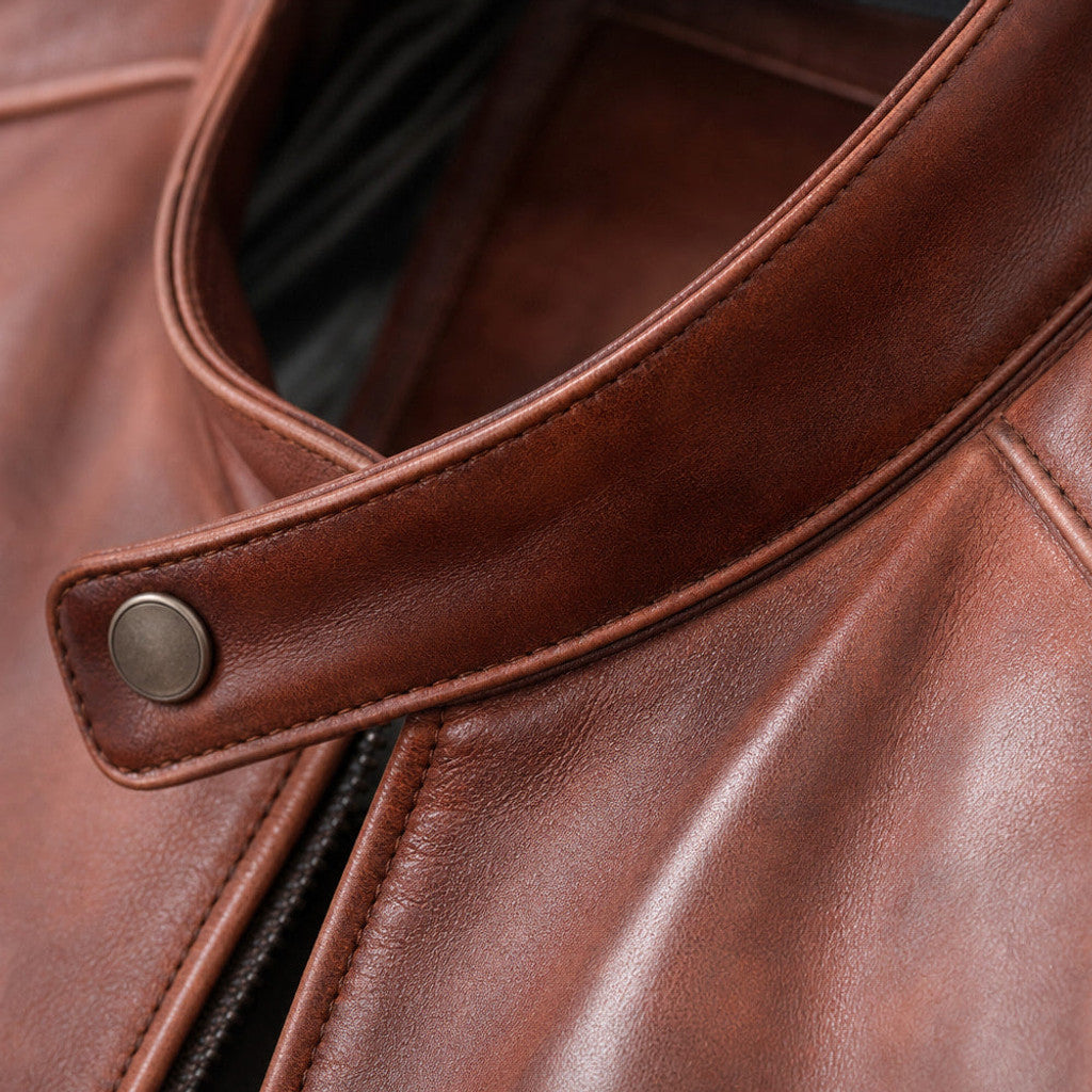 Breckon | Leather Cafe Racer Jacket Cognac Brown – Fabric and Detail Close-Up