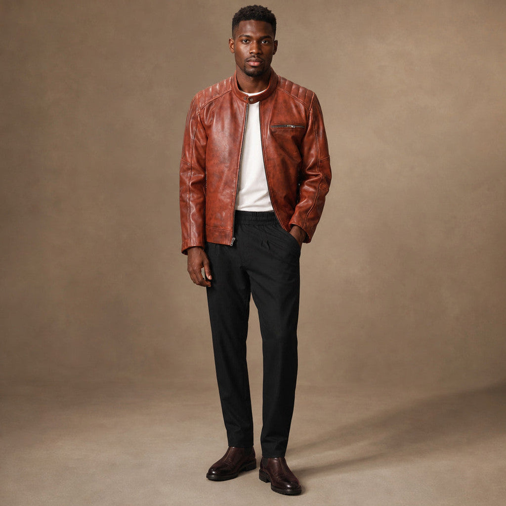 Breckon | Leather Cafe Racer Jacket Cognac Brown – Full Look