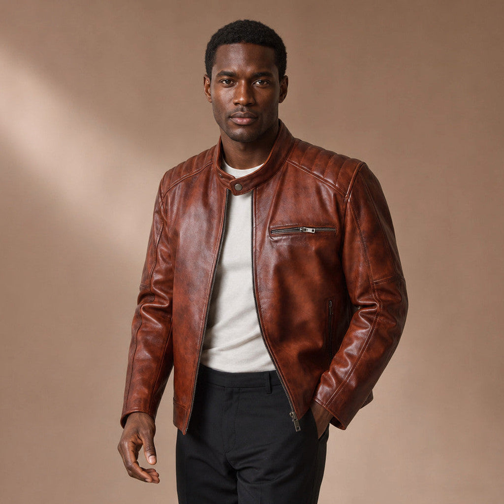 Breckon | Leather Cafe Racer Jacket Cognac Brown – Product Photo