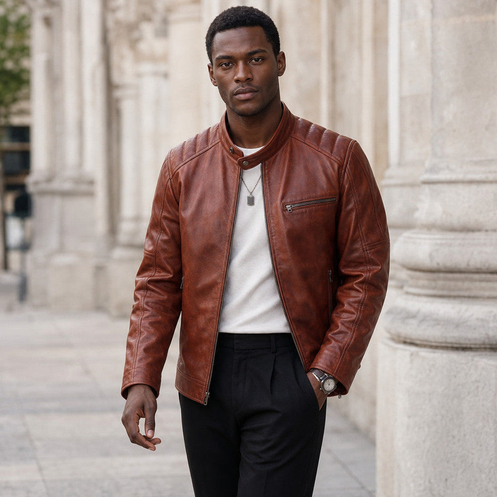 Breckon | Leather Cafe Racer Jacket Cognac Brown – Styled Editorial Shot