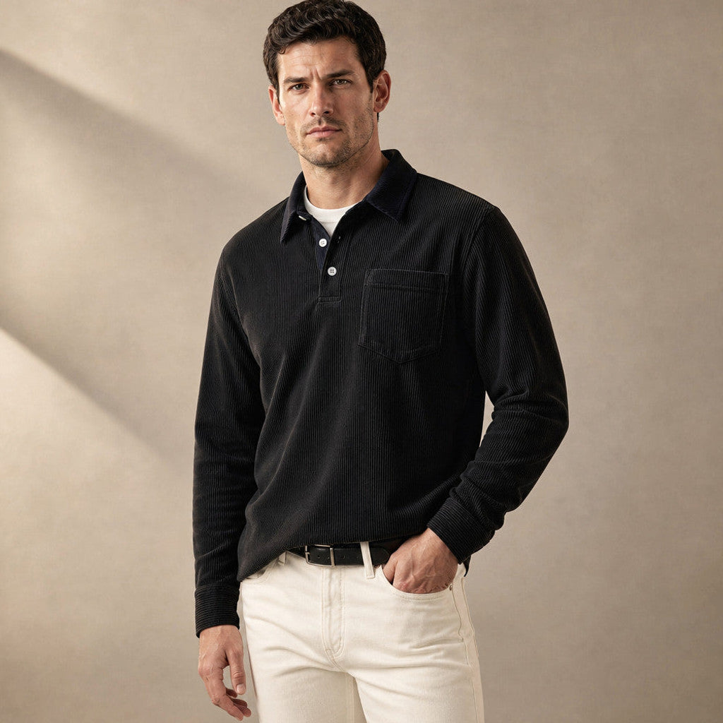 Brennox | Long Sleeve Polo Shirt Ribbed Texture Black – Side Angle View
