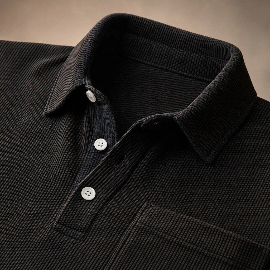 Brennox | Long Sleeve Polo Shirt Ribbed Texture Black – Fabric and Detail Close-Up