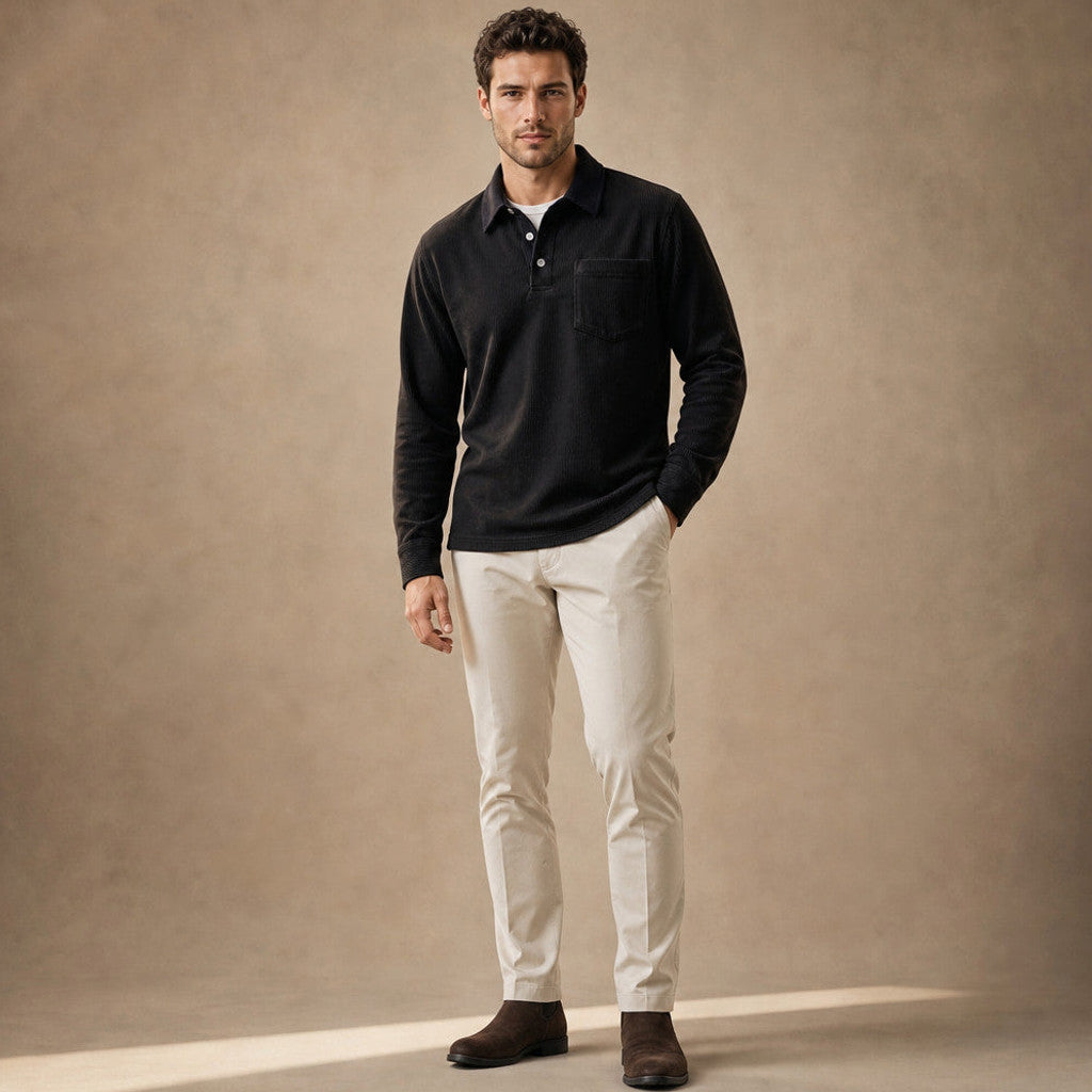 Brennox | Long Sleeve Polo Shirt Ribbed Texture Black – Full Look